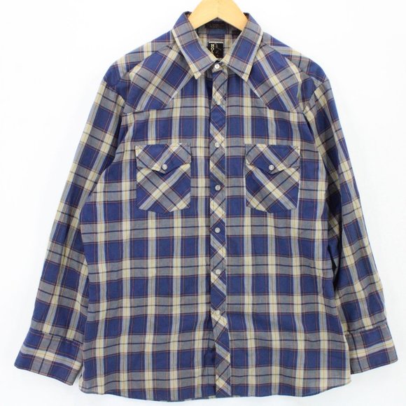 Vintage HOLT Western Shirt Mens Blue Plaid Button Down Snap Button Cotton L - Picture 1 of 9